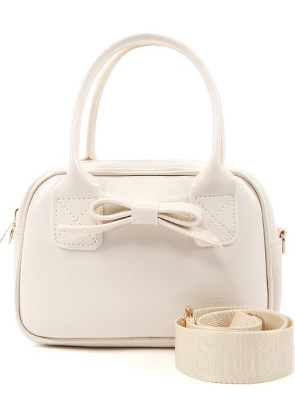Kırışık Dokulu Krem SHK217 Fiyonklu Suni Deri, Tek Bölmeli, Fermuarlı,kolon Askılı, El, Kol ve Omuz Çantası