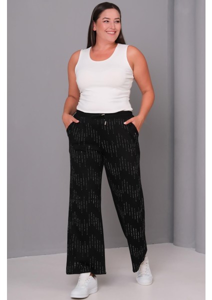 Kadın Büyük Beden Siyah, Taş Detaylı, Bağcıklı, Cepli Eşofman Alt 65N39140