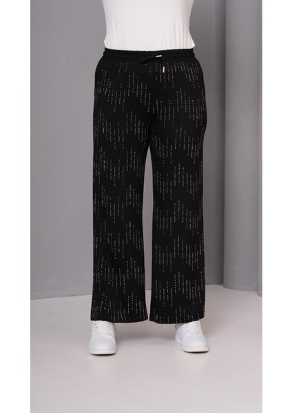 Kadın Büyük Beden Siyah, Taş Detaylı, Bağcıklı, Cepli Eşofman Alt 65N39140