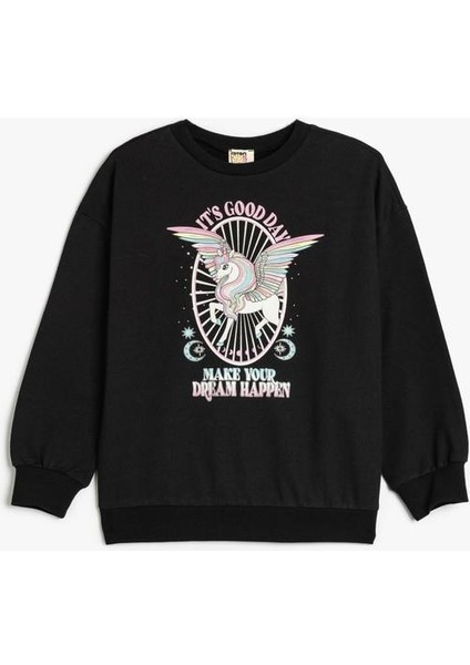 Sweatshirt Unicorn Baskılı Uzun Kollu Bisiklet Yaka Şardonlu fırsatları