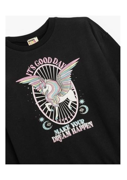 Sweatshirt Unicorn Baskılı Uzun Kollu Bisiklet Yaka Şardonlu