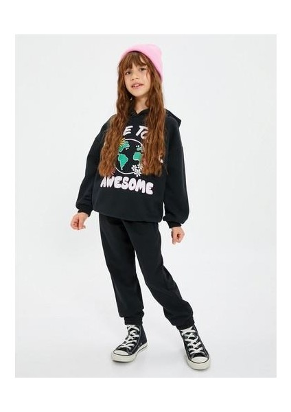 Kapşonlu Sweatshirt Uzun Kollu Baskı Detaylı Şardonlu