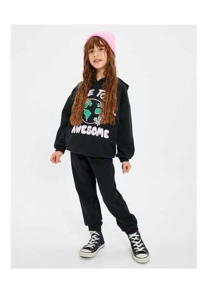 Kapşonlu Sweatshirt Uzun Kollu Baskı Detaylı Şardonlu