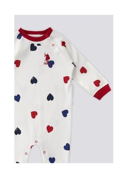 Ekru Kalp Desen Çıtçıt Yaka Bebek Tulum