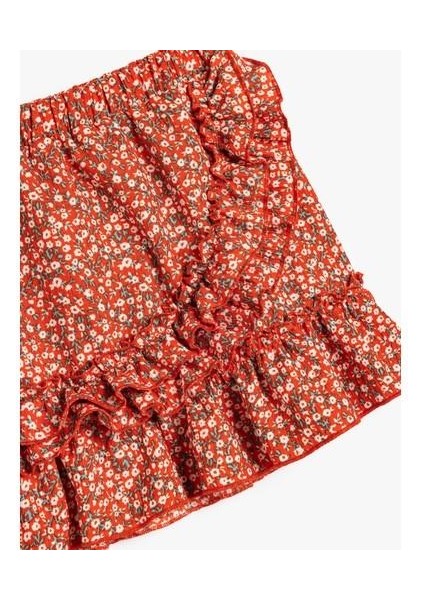 Fırfır Detaylı Beli Lastikli Kruvaze Mini Etek