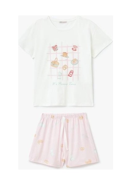 Baskılı Bisiklet Yaka Kısa Kollu Pamuklu Şortlu Pijama Takımı