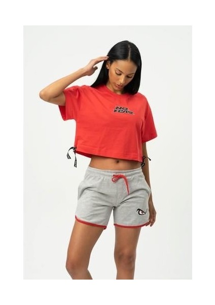 Kırmızı Bisiklet Yaka Kısa Kollu Crop T-shirt W50069