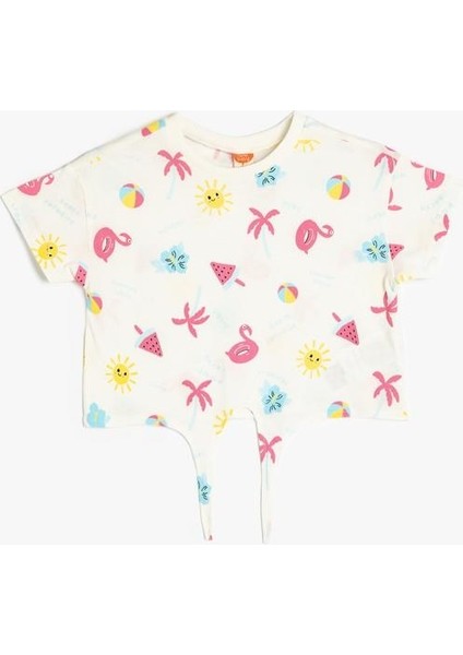 Bağlama Detaylı Baskılı Bisiklet Yaka Kısa Kollu Pamuklu Tişört indirimleri