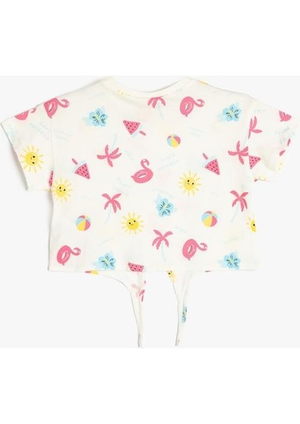 Bağlama Detaylı Baskılı Bisiklet Yaka Kısa Kollu Pamuklu Tişört