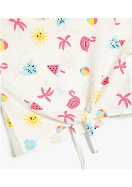 Bağlama Detaylı Baskılı Bisiklet Yaka Kısa Kollu Pamuklu Tişört