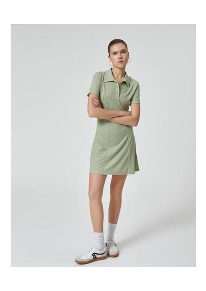 Polo Yaka Mini Elbise A Kesim Kısa Kollu Ribanalı