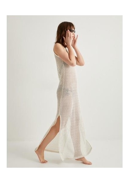 Uzun Plaj Elbisesi Ajurlu Bisiklet Yaka Yırtmaç Detaylı