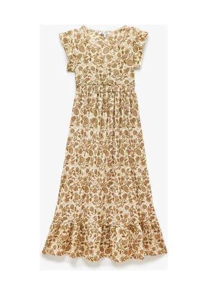 V Yaka Kelebek Kollu Desenli Katlı Uzun Elbise fırsatları