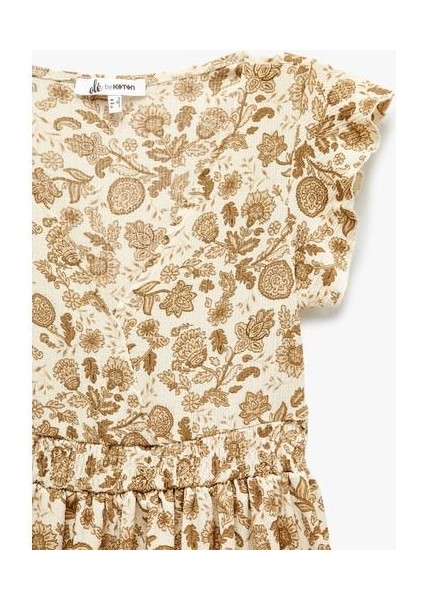 V Yaka Kelebek Kollu Desenli Katlı Uzun Elbise