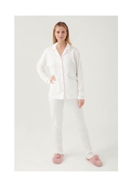 Pıercardın Bayan Yetişkin Gömlek Pijama Takımı Krem