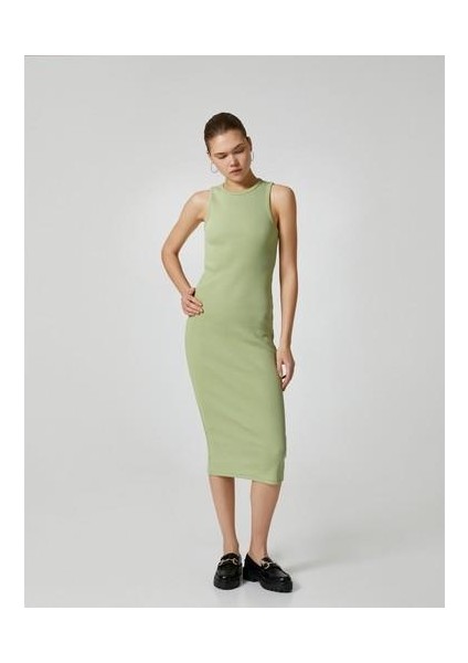 Kalem Elbise Midi Kolsuz Yuvarlak Yaka Pamuklu Slim Fit