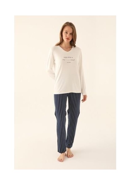 Krem Kadın Uzun Kol Pijama Takım