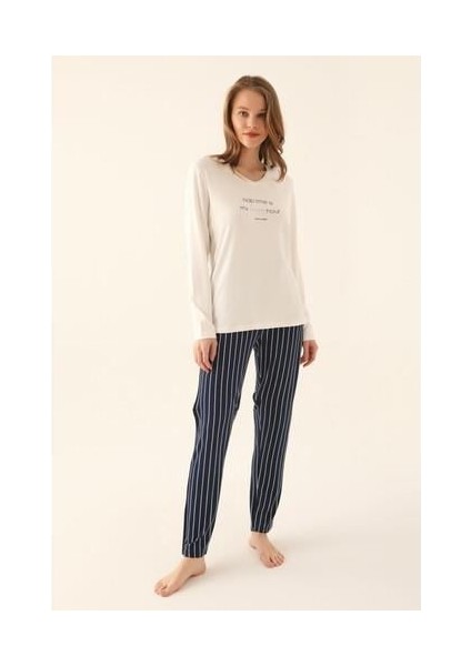 Krem Kadın Uzun Kol Pijama Takım