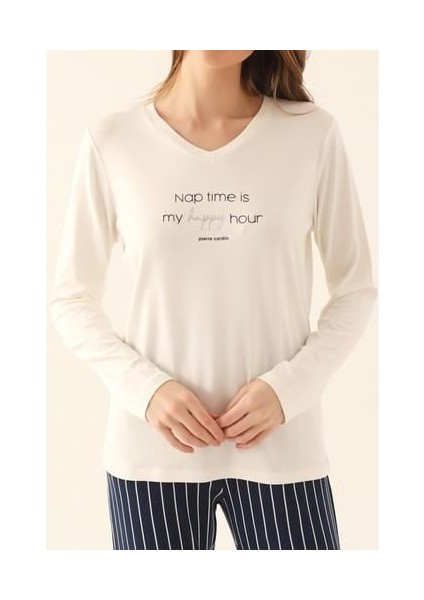 Krem Kadın Uzun Kol Pijama Takım