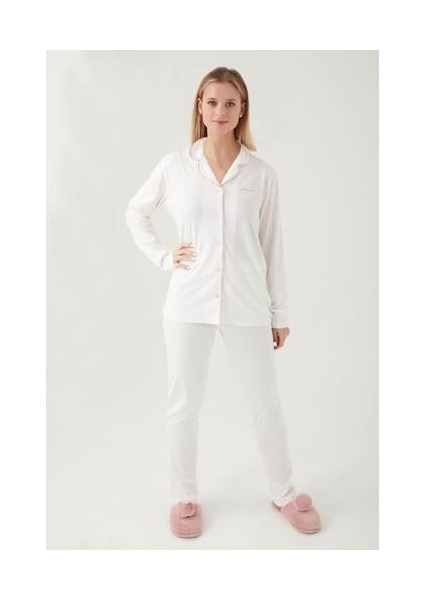 Pıercardın Bayan Yetişkin Gömlek Pijama Takımı Krem