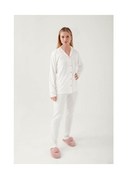 Pıercardın Bayan Yetişkin Gömlek Pijama Takımı Krem