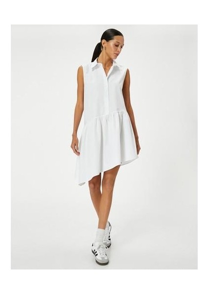 Gömlek Elbise Asimetrik Kesim Kolsuz Düğmeli Pamuklu Rahat Kesim