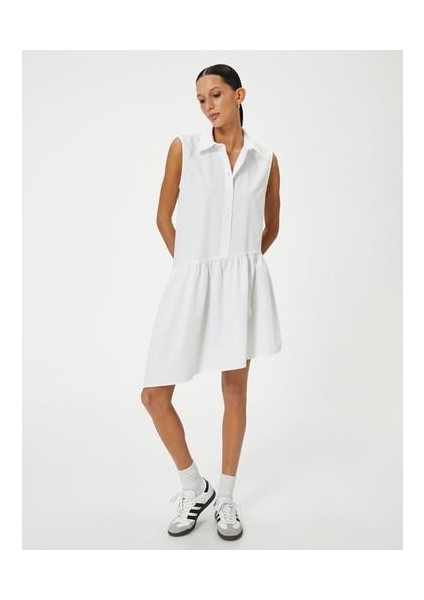 Gömlek Elbise Asimetrik Kesim Kolsuz Düğmeli Pamuklu Rahat Kesim