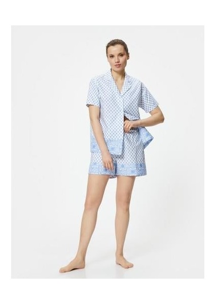 Kısa Kollu Pijama Üstü Çiçekli Düğmeli Gömlek Yaka Pamuklu