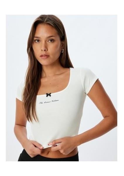 Örme Crop Pijama Üstü Kısa Kollu U Yaka Baskı Detaylı Pamuklu