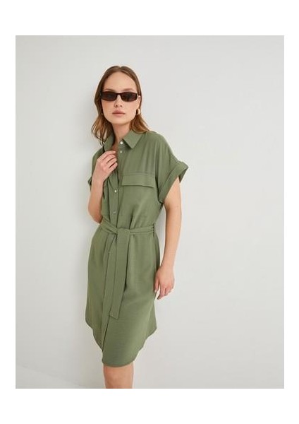 Gömlek Elbise Beli Kuşaklı Düğmeli Cepli