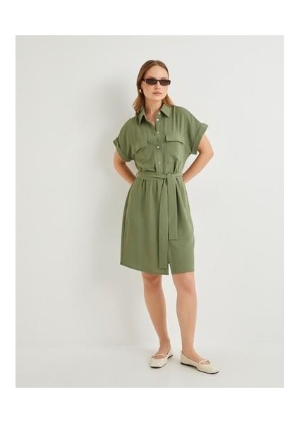 Gömlek Elbise Beli Kuşaklı Düğmeli Cepli