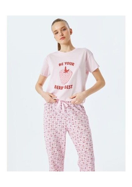 Çilek Baskılı Kısa Kollu Pamuklu Pijama Takımı