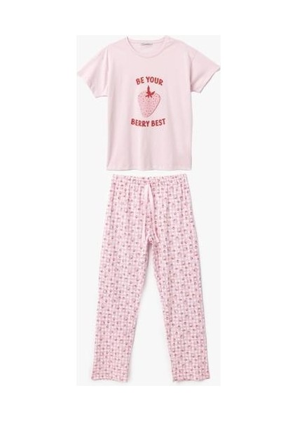 Çilek Baskılı Kısa Kollu Pamuklu Pijama Takımı