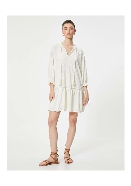 Fistolu Elbise Uzun Kollu Yakası Bağlamalı - Koton - 4SAK80373EK - Ekru - S