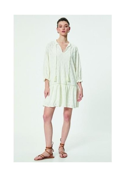 Fistolu Elbise Uzun Kollu Yakası Bağlamalı - Koton - 4SAK80373EK - Ekru - Xs