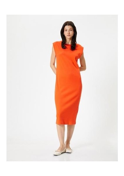 Midi Bodycon Elbise Kısa Kollu Bisiklet Yaka Fitilli
