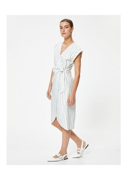 Midi Kruvaze Elbise Kolsuz Kemer Detaylı Slim Fit