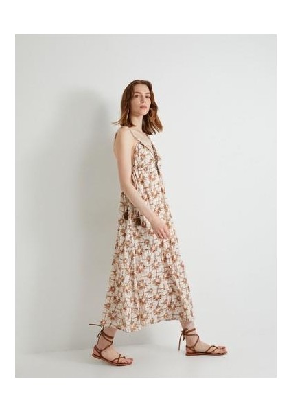 Askılı Uzun Elbise V Yaka Püskül Detaylı