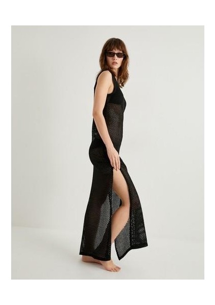 Uzun Plaj Elbisesi Ajurlu Bisiklet Yaka Yırtmaç Detaylı