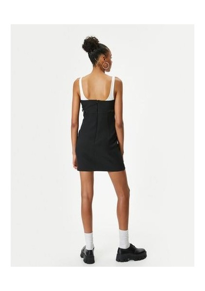 Mini Kalem Elbise Renk Kontrastlı Askılı Slim Fit