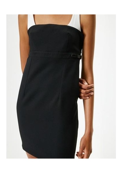 Mini Kalem Elbise Renk Kontrastlı Askılı Slim Fit
