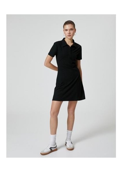 Polo Yaka Mini Elbise A Kesim Kısa Kollu Ribanalı