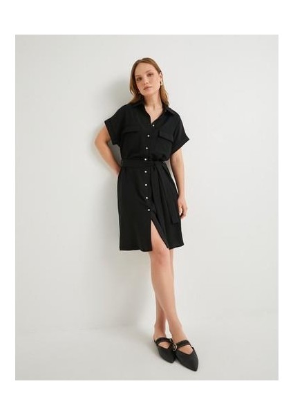 Gömlek Elbise Beli Kuşaklı Düğmeli Cepli