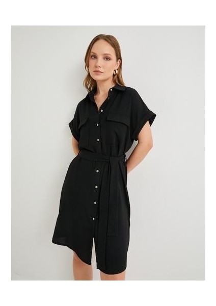 Gömlek Elbise Beli Kuşaklı Düğmeli Cepli