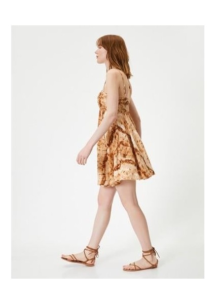 Mini Elbise Boyundan Bağlamalı Askılı Boncuklu Viskon Keten Karışımlı