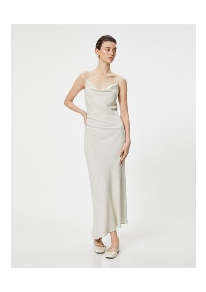 Uzun Elbise Keten Karışımlı Degaje Yaka Askılı Drapeli