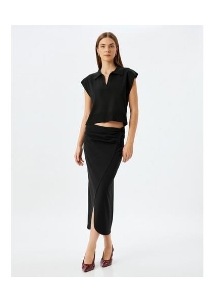 Slim Fit Drapeli Midi Boy Asimetrik Kruvaze Etek