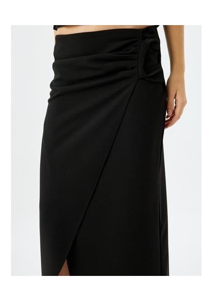 Slim Fit Drapeli Midi Boy Asimetrik Kruvaze Etek