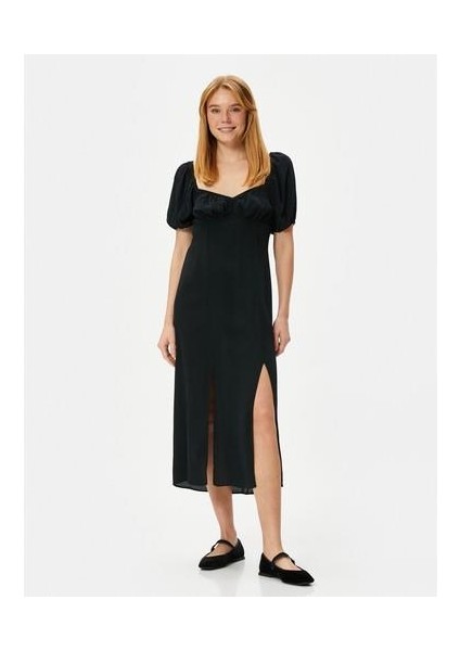 Midi Elbise Balon Kol Yırtmaçlı Kalp Yaka Viskon