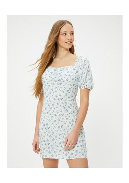 Mini Balon Kol Çiçekli Elbise Viskoz Kumaş indirimleri